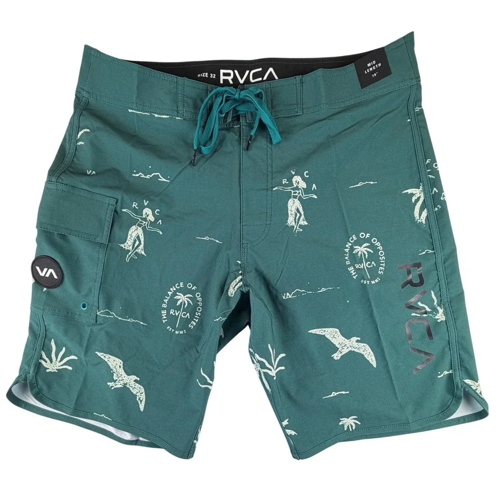 RVCA Mens Board Shorts Size 32 Teal Green Tropical Hula Palm Tree Swim Trunks